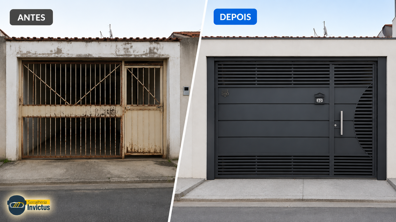 Antes e depois de fachada transformada com portão Invictus