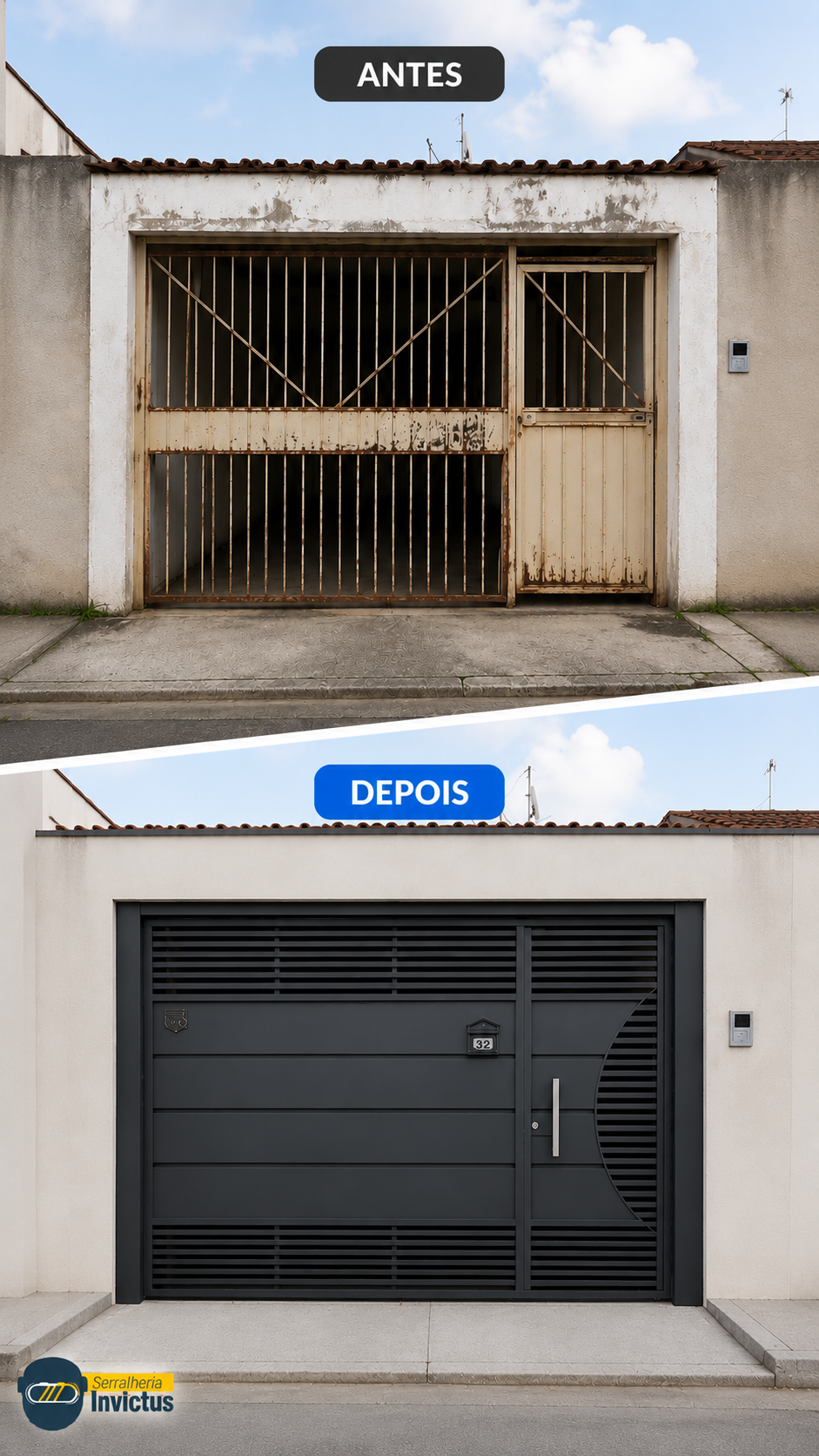 Antes e depois de fachada transformada com portão Invictus